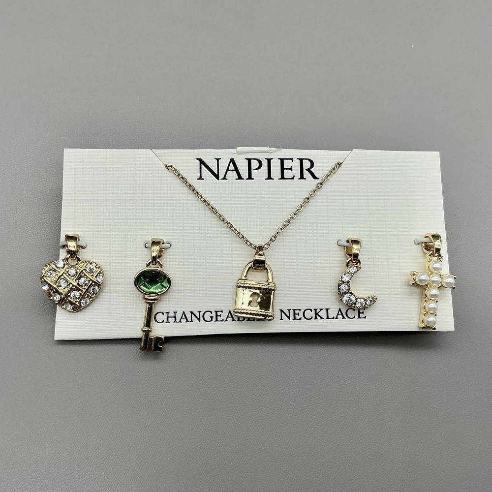 Napier Necklace Changeables Gold Tone Padlock Heart Key Moon Cross Charms Set‎
